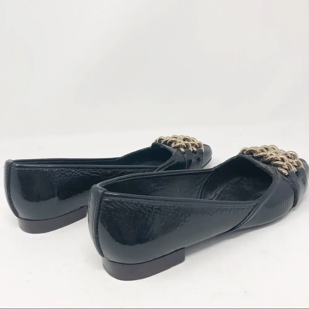 TORY BURCH | Hana Black Patent Leather Flats Gold Chains 5.5